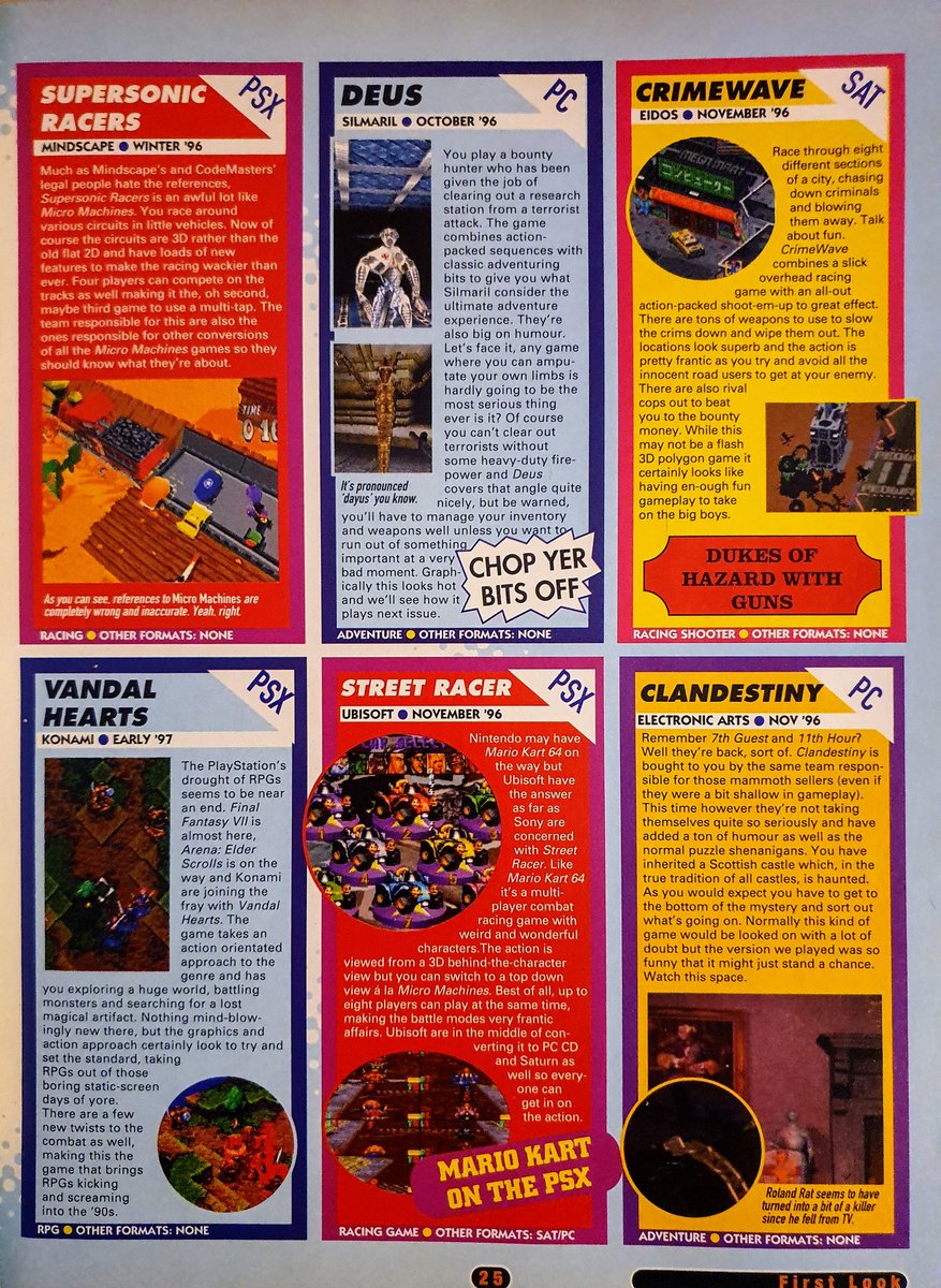 GamesmasterSaid's tweet photo. Issue 47, October 1996

Mini-previews, including Vandal Hearts (PS1), HMS Dreadnought (Saturn), and Deus (PC).

#IncredibleHulk #Albion #GutsandGarters #DawnofDarkness #Zoiks #SuoersonicRacers #Crimewave #StreetRacer #Clandestiny #Playstation #Sega https://t.co/eZuVF9gJil