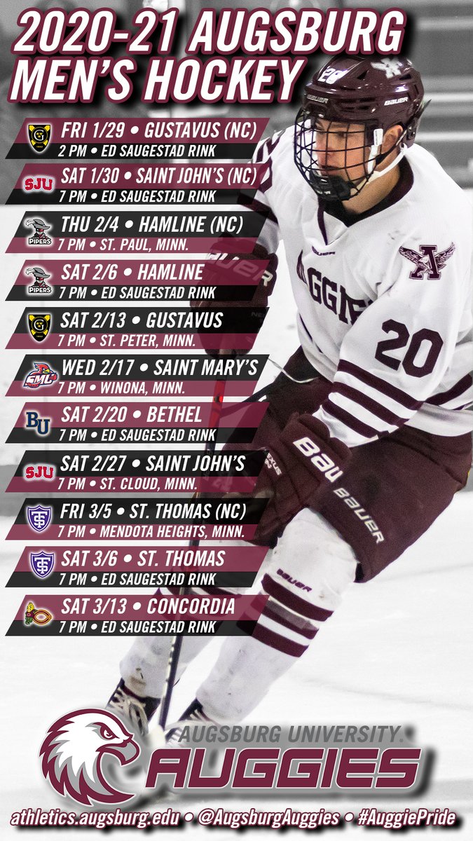 GAME ON! Augsburg men's hockey schedule announced: bit.ly/AUGwinter2021 #whyD3 #d3hky #AuggiePride