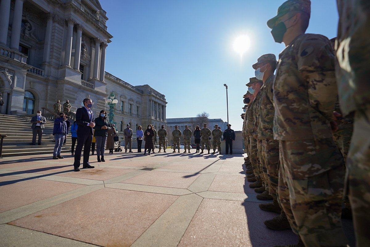 VAGovernor73's tweet photo. Yesterday, @MayorBowser and I visited @VaNationalGuard members on the ground in Washington, D.C. who are working to protect the U.S. Capitol and ensure the peaceful transition of presidential power.

We owe our deepest gratitude to these men and women—and their families. https://t.co/PukdSrR4vw