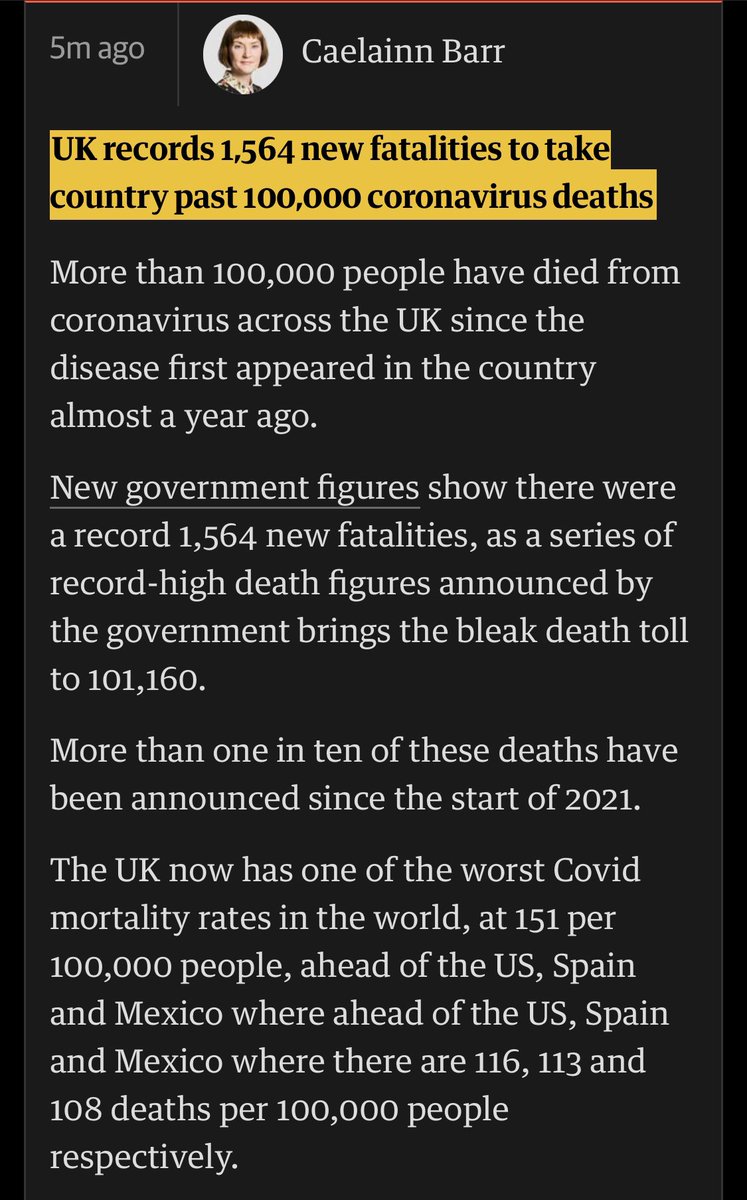 More than 100,000 people have died from coronavirus in the UK since the disease first appeared in the country almost a year ago, in what public health experts have said is a sign of “phenomenal failure of policy and practice”.

Government figures on Wednesday showed a record daily reported 1,564 new fatalities, bringing the total to 101,160.

Almost one in 660 people in the UK have died from Covid or Covid-related causes so far during the pandemic. The UK now has one of the worst Covid mortality rates in the world, at 151 per 100,000 people, ahead of the US, Spain and Mexico where there are 116, 113 and 108 deaths per 100,000 people respectively.