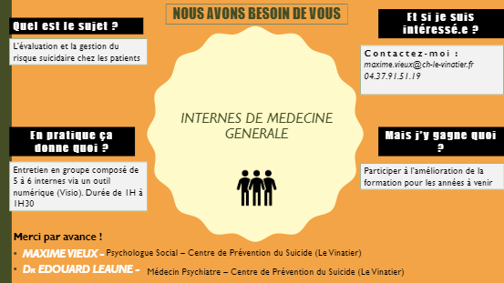 SRPIMG's tweet photo. Etude : évaluation et la gestion du risque suicidaire
Contact : maxime.vieux@ch-le-vinatier.fr ou 04.37.91.51.19 https://t.co/NlLL4nf0vt
