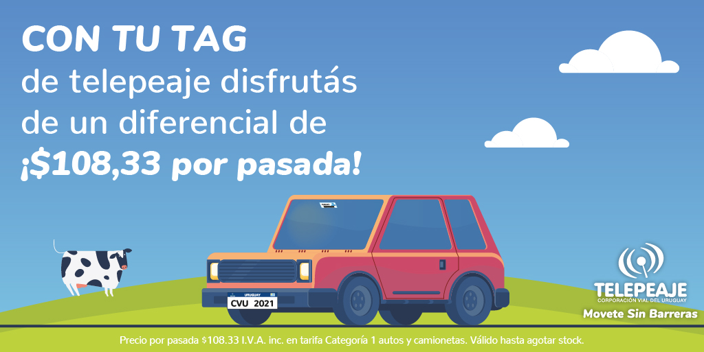 ¿Sabías que podés disfrutar de un diferencia de $108,33 por pasada? Si, con tu TAG de telepeaje es posible. Solicitalo gratis en peajes, redes de cobranza de todo el país, en tu banco o directamente a tu tarjeta de crédito.  Informate en telepeaje.com.uy