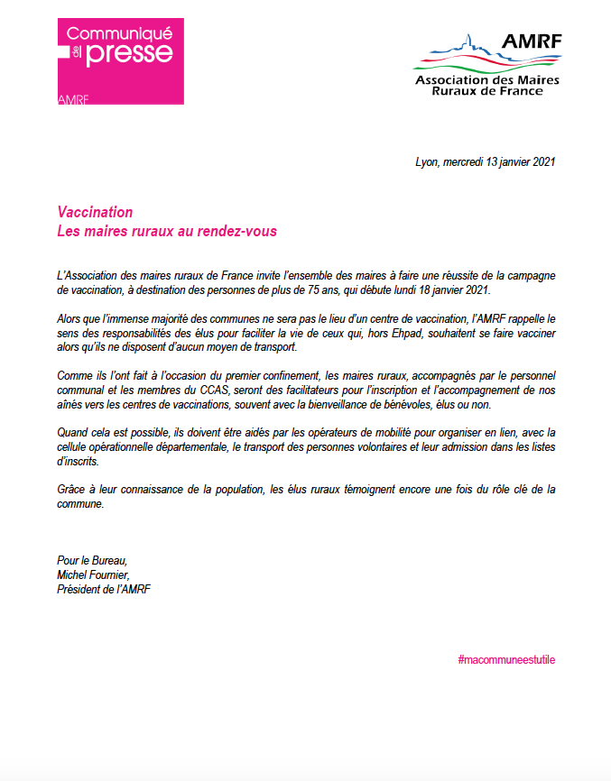 [Communiqué] Vaccination : les <a href="/Maires_Ruraux/">AMRF</a> au rendez-vous ! L'AMRF invite l’ensemble des maires à faire une réussite de la campagne de vaccination, à destination des personnes de plus de 75 ans, qui débute lundi 18 janvier 2021. #MaCommuneEstUtile
➡️ bit.ly/2KaEDNA
