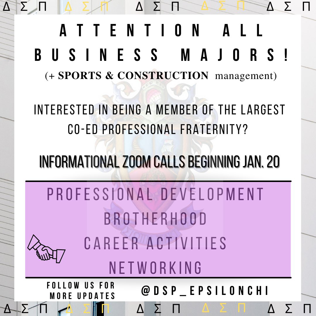 dsp_epsilonchi's tweet image. Attention all Business Majors !!! 

We are recruiting!! Delta Sigma Pi wants you !!! Follow us here and on IG @dsp_epsilonchi for more updates.

We look forward to seeing you !! 💛💜

#georgiasouthern #deltasigmapi #deltasig #recruitment #career #business #gsu22 #gsu23 #gsu24