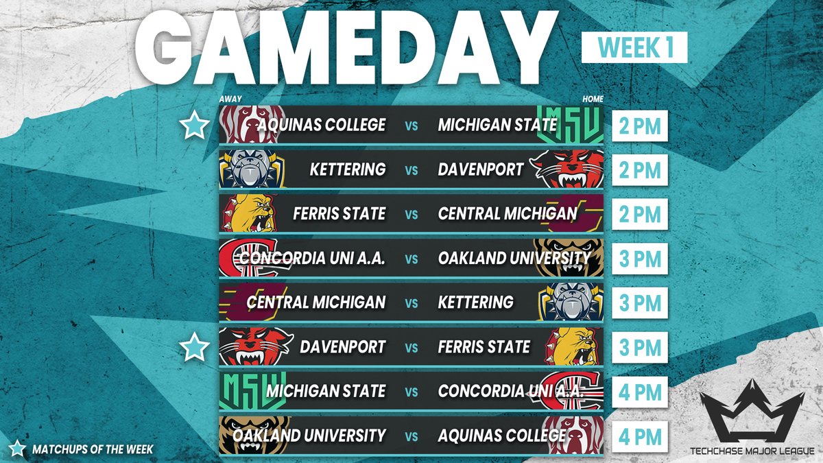 techchasegg's tweet photo. It's almost time to get this thing started! The Tech Chase Major League kicks off this Saturday. Here is the schedule for the first week of matchups. Which teams do you think will be taking home wins this weekend? https://t.co/JRXJN3wOzD