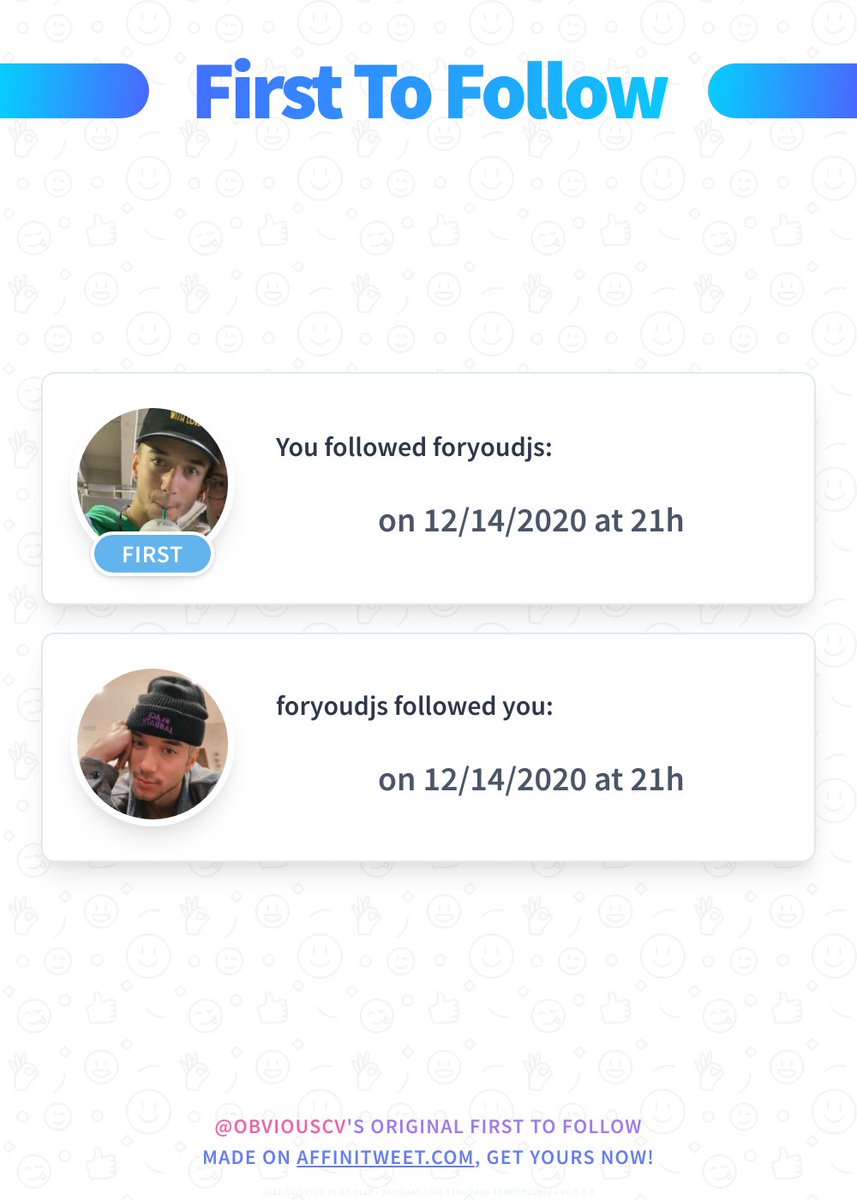✨ First To Follow

You followed foryoudjs on 12/14/2020 at 21:38:17.
foryoudjs followed you on 12/14/2020 at 21:42:34.

➡️ affinitweet.com/first-to-follow