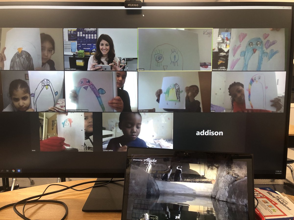 laddison2000's tweet photo. Making things fun even though we are virtual! My kids worked tremendously hard on their reading a math diagnostics so we took a virtual zoo field trip and drew some cool penguins! #SHElem #VikingDiff #fabulousfirsties #zoomcrew https://t.co/T9BnBtth22