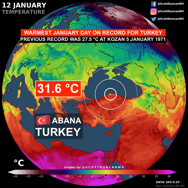ScottDuncanWX's tweet photo. ⚠️ Historic moments ⚠️

Warmest January day on record for Turkey &amp; Russia.
 
Incredible föhn effect takes parts of Turkey locally above 
30 °C OVERNIGHT, this is hotter than summer nights. Truly mind-blowing.

Amazing work with the stats by @extremetemps &amp; @ayhanerd https://t.co/xGC1r5q6tw