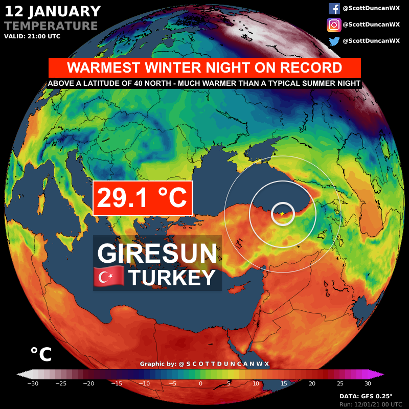 ScottDuncanWX's tweet photo. ⚠️ Historic moments ⚠️

Warmest January day on record for Turkey &amp; Russia.
 
Incredible föhn effect takes parts of Turkey locally above 
30 °C OVERNIGHT, this is hotter than summer nights. Truly mind-blowing.

Amazing work with the stats by @extremetemps &amp; @ayhanerd https://t.co/xGC1r5q6tw