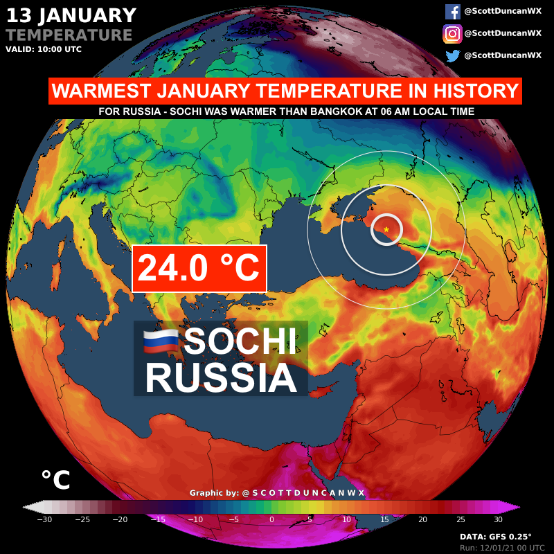 ScottDuncanWX's tweet photo. ⚠️ Historic moments ⚠️

Warmest January day on record for Turkey &amp; Russia.
 
Incredible föhn effect takes parts of Turkey locally above 
30 °C OVERNIGHT, this is hotter than summer nights. Truly mind-blowing.

Amazing work with the stats by @extremetemps &amp; @ayhanerd https://t.co/xGC1r5q6tw