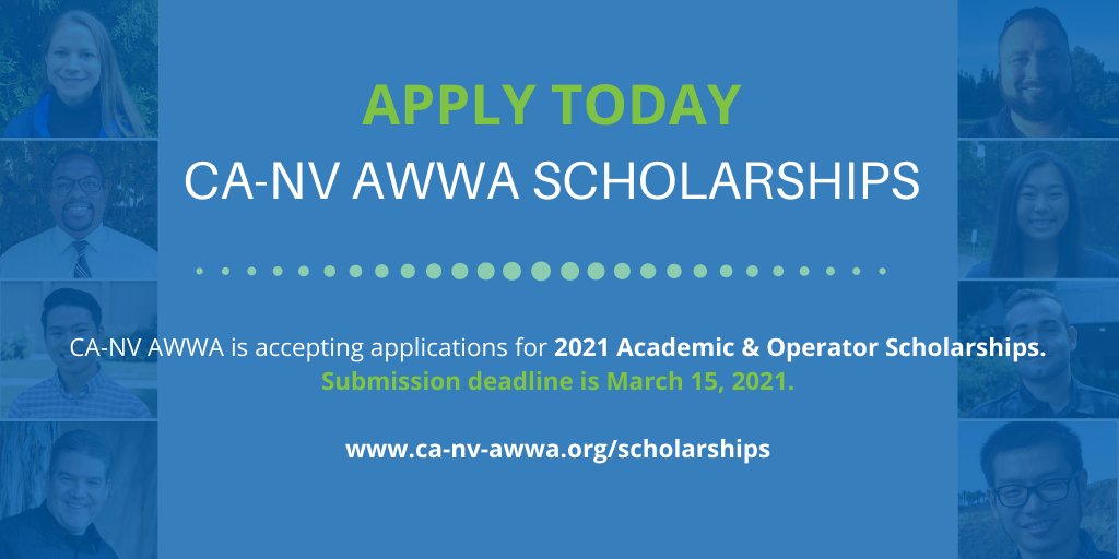 CANVAWWA's tweet photo. CA-NV AWWA is accepting applications for 2021 Academic &amp; Operator Scholarships. Apply by March 15, 2021 at https://t.co/KK576rxiKE. https://t.co/b5Z51Zk8yD