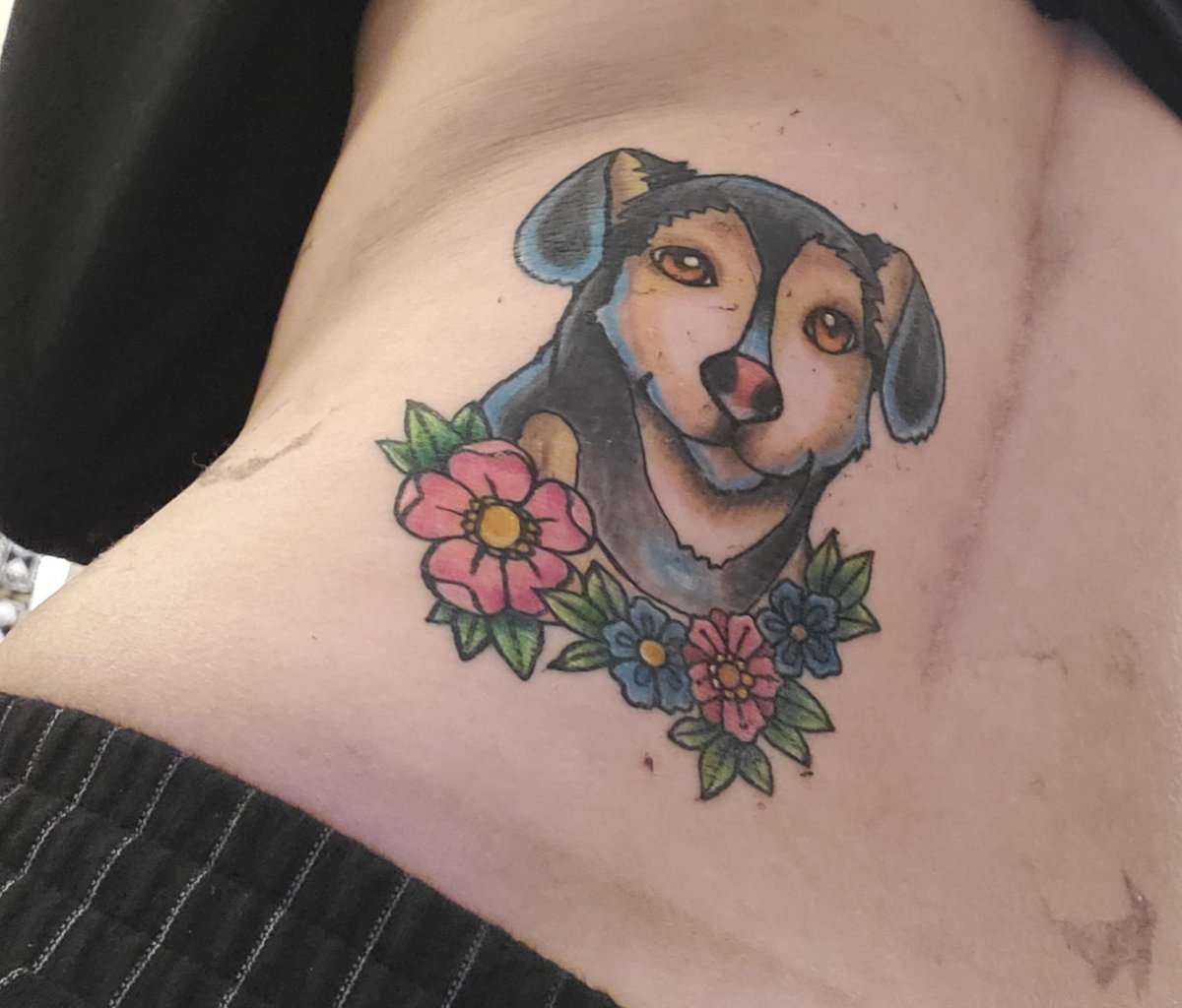 ImSarahB3ar's tweet photo. Got a tattoo the other day as a late-ish birthday gift from one of my best friends. Tattoo by Whiskeyweaseltattoos at Blue Siren Tattoos #sadee #doggo #tattoo https://t.co/2953BNFuX6