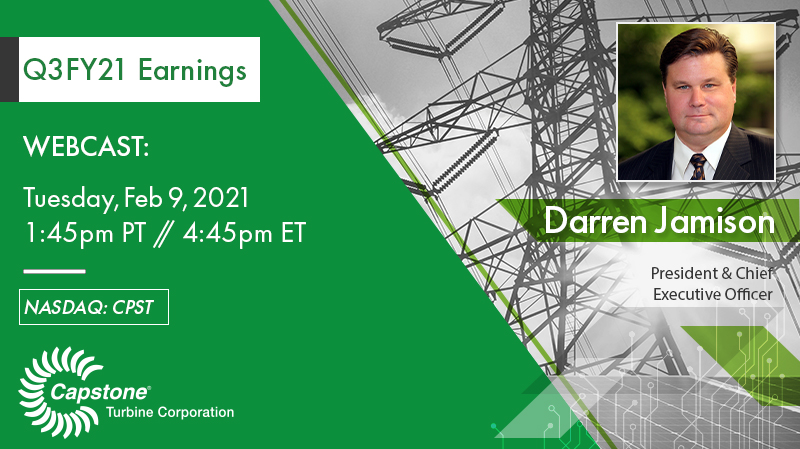 CGRNEnergy's tweet image. .@CapstoneTurbine (NASDAQ: $CPST) To Announce Full Third Quarter Fiscal Year 2021 Results on Tuesday, February 9, 2021. Webcast Scheduled for 1:45 PM PT/4:45 PM ET That Day

Learn more 🔗 bit.ly/2XApHLE

#esginvesting // #greenenergy