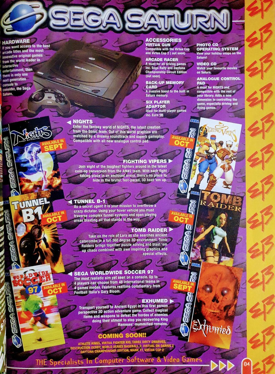 GamesmasterSaid's tweet photo. Further Electronics Boutique catalogue listings, including Sega Saturn, Tomb Raider, and more PS1 titles. (Pt. 2/2)
#Nights #FightingVipers #TunnelB1 #SegaWorldwideSoccer97 #Exhumed #Gunship #ProPinball #AndrettiRacing #DieHard #FIFA97 #SovietStrike #Playstation https://t.co/dwlTrHA6l3