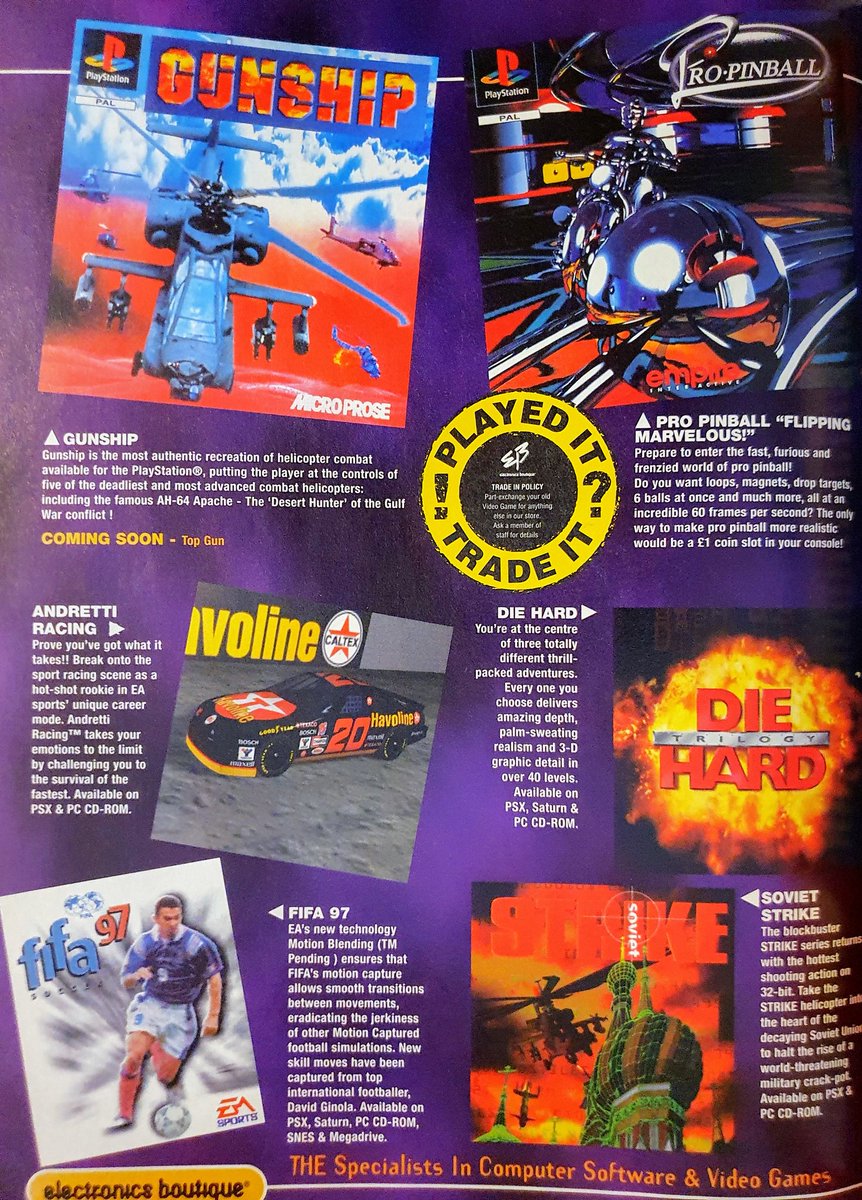 GamesmasterSaid's tweet photo. Further Electronics Boutique catalogue listings, including Sega Saturn, Tomb Raider, and more PS1 titles. (Pt. 2/2)
#Nights #FightingVipers #TunnelB1 #SegaWorldwideSoccer97 #Exhumed #Gunship #ProPinball #AndrettiRacing #DieHard #FIFA97 #SovietStrike #Playstation https://t.co/dwlTrHA6l3