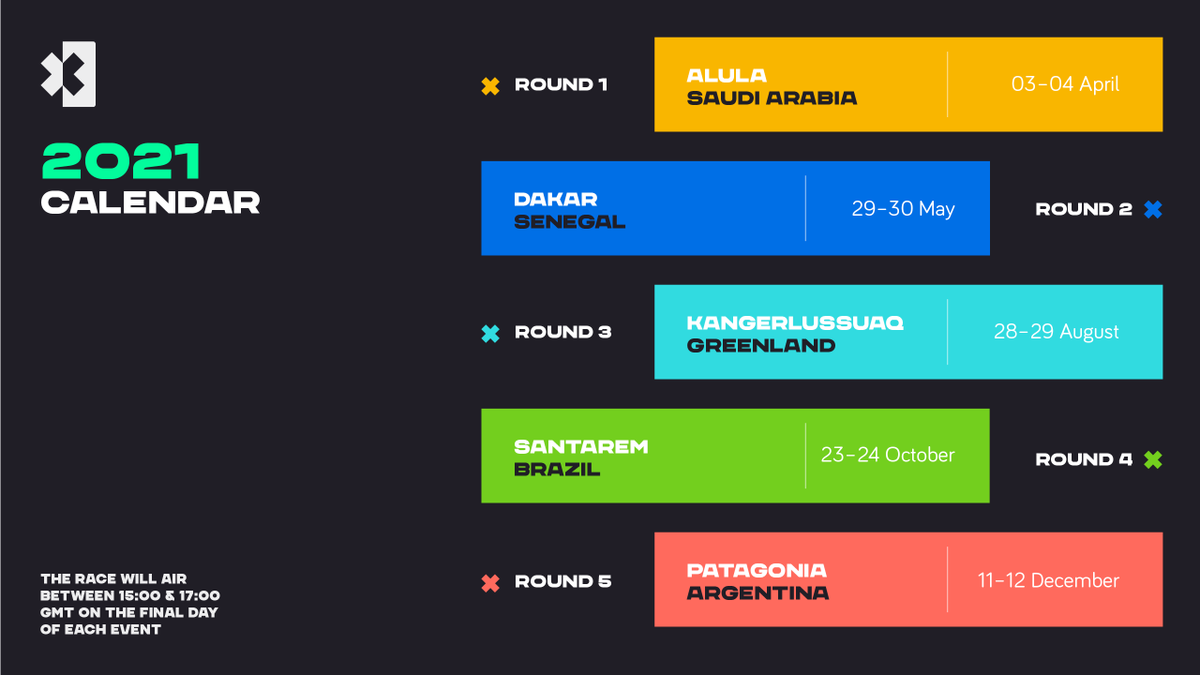 fiaextremeh's tweet photo. 📅 SEASON 1 CALENDAR UPDATE 📅

The inaugural Extreme E race, the Desert X Prix, will now take place on 03-04 April 2021.

🇸🇦 03-04 April 2021
🇸🇳 29-30 May 2021
🇬🇱 28-29 August 2021
🇧🇷 23-24 October 2021
🇦🇷 11-12 December 2021

#ExtremeE https://t.co/wlas9OVDpU