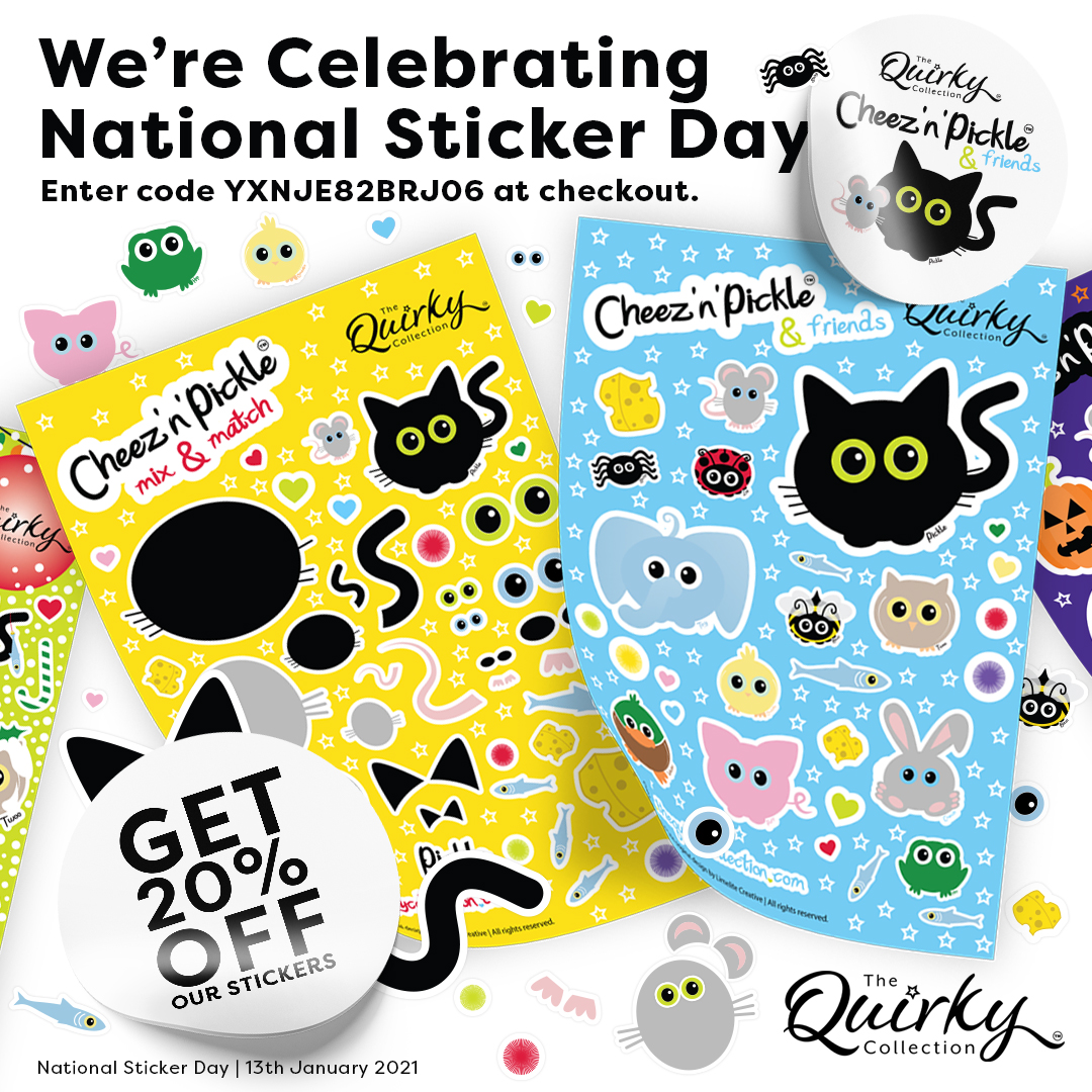 TheQuirkyColl's tweet photo. Today is National Sticker Day 2021! Enter discount code YXNJE82BRJ06 to get 20% off our Cheez 'n' Pickle sticker range. #nationalstickerday #pickle #stickers #discount #thequirkycollection #cheeznpickle #madeinfalkirk #fromcorporatetoquirky https://t.co/smqAYkOXuI