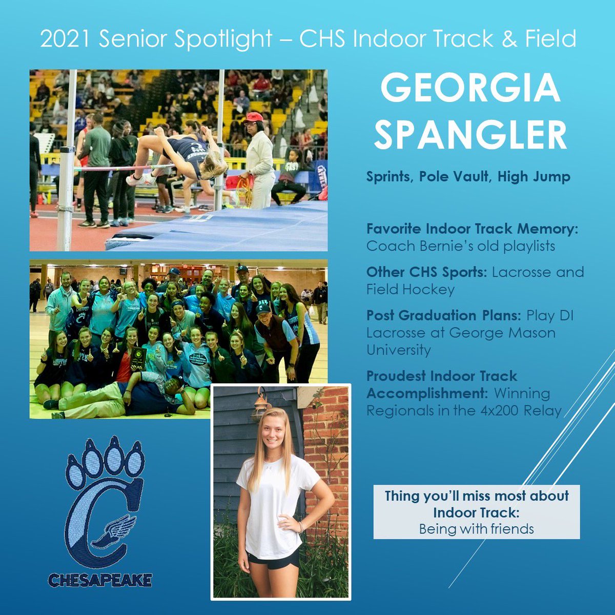 Today’s senior spotlight is for GEORGIA SPANGLER! Her first love may be Lacrosse but she has a strong Track career too including contributions to the girls team winning regions in 2019! <a href="/georgia_ann06/">Georgia Spangler</a> <a href="/Ches_Athletics/">Chesapeake (AA) Athletics</a> <a href="/ChesapeakeGLax/">Chesapeake Girls Lacrosse</a> @CHSCougarsFH