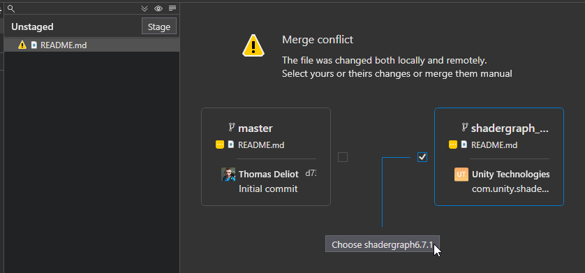 As expected, there are some conflicts to resolve - a different Readme. Let's go with the original ShaderGraph one.5/