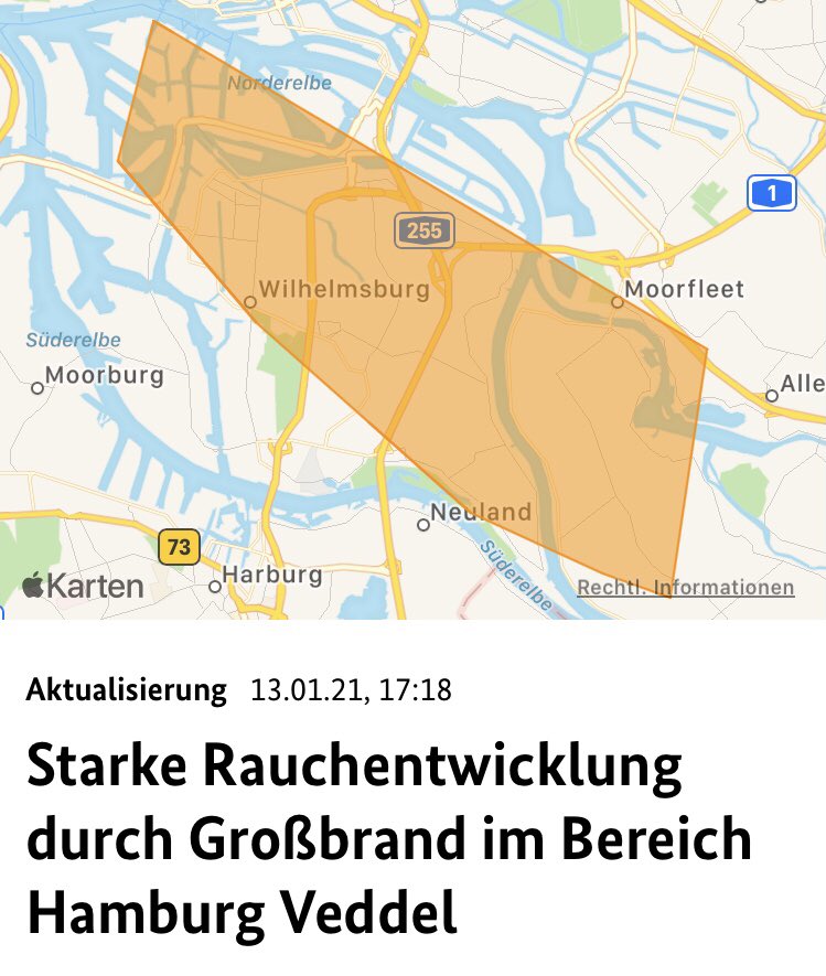 VOSTHamburg's tweet photo. ⚠️ AKTUELL - #Großbrand #Hamburg #Wilhelmsburg
Es gibt weiterhin eine starke Rauchentwicklung beim „Feuer 6“.
Der Wind hat gedreht, die Warnung wurde angepasst.
⚠️ Halten Sie weiterhin im markierten Bereich Türen und Fenster geschlossen ⚠️
#PlusLucis #SMEM #weareVOST https://t.co/WVWUqw1qqu