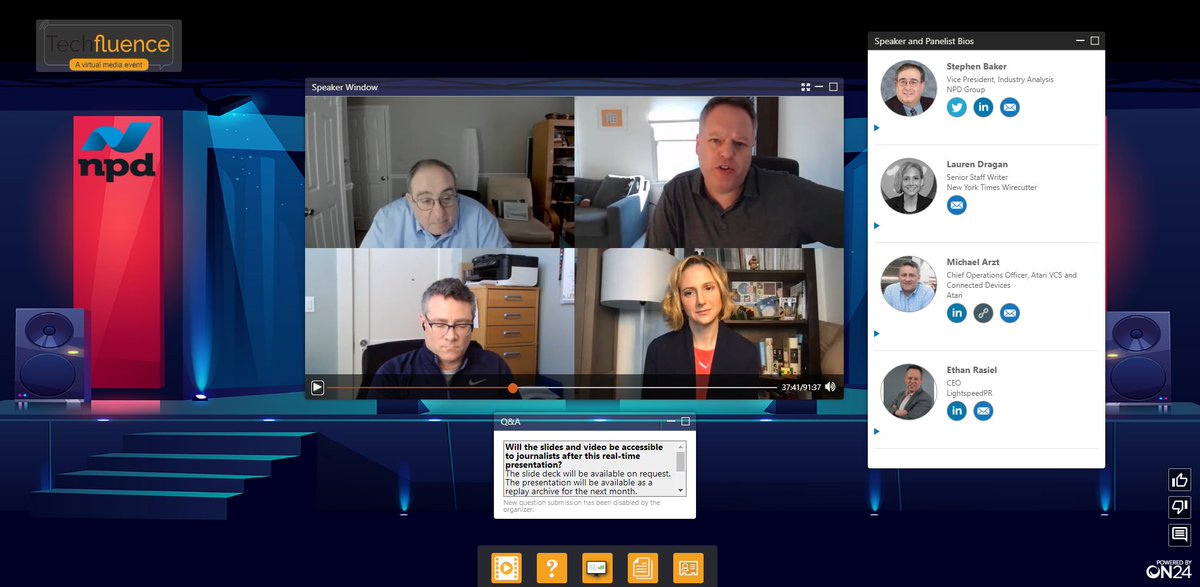 Thanks to <a href="/EthanRasiel/">Ethan Rasiel</a> / Lightspeed PR for putting together this awesome panel at our event last week.

"The New Normal of Virtual Journalism and Marketing" 

Shoutout to his great panelists too...

<a href="/LaurenDragan/">Lauren Dragan</a> / <a href="/wirecutter/">NYT Wirecutter</a>
<a href="/NPDSteveBaker/">Stephen Baker</a> / <a href="/npdgroup/">The NPD Group</a>
<a href="/M_Arzt/">Michael Arzt</a> / <a href="/TheAtari_VCS/">Atari VCS</a>