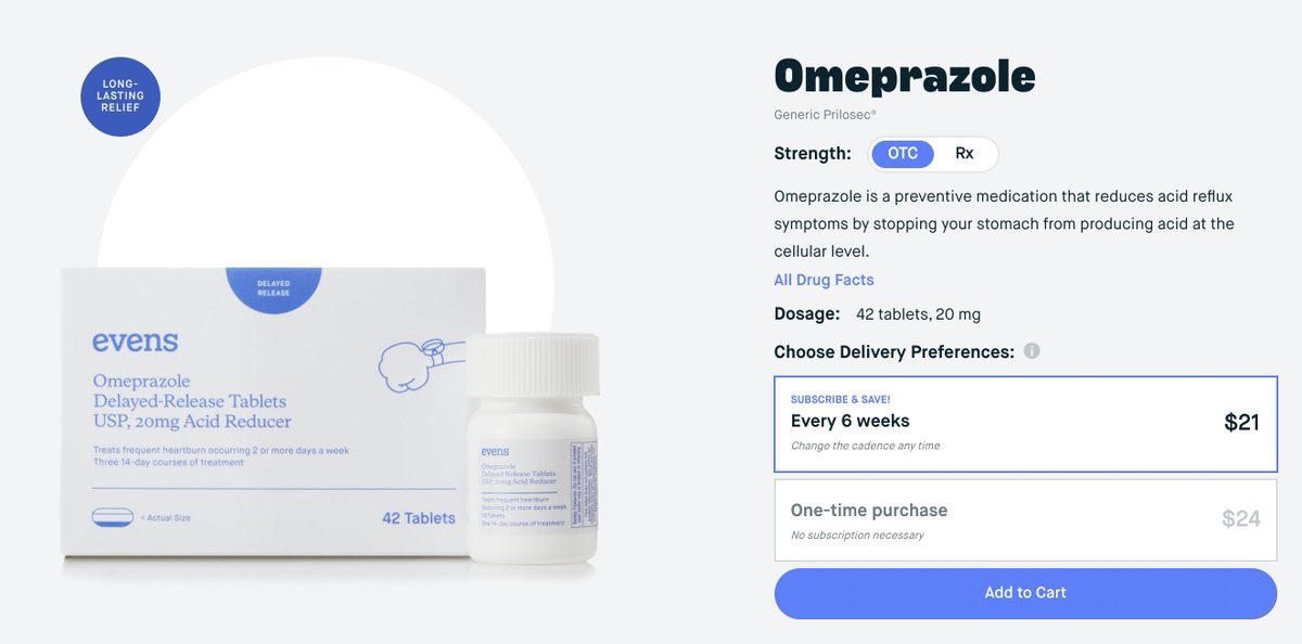 Take the acid reflux product (called Evens)Once you sign up, you get a telehealth specialist / team plus meds to help with the condition. The meds are all the same acid reflux meds you'd expect to get but with the Evens brand and increased price. Peep the Amazon comparison