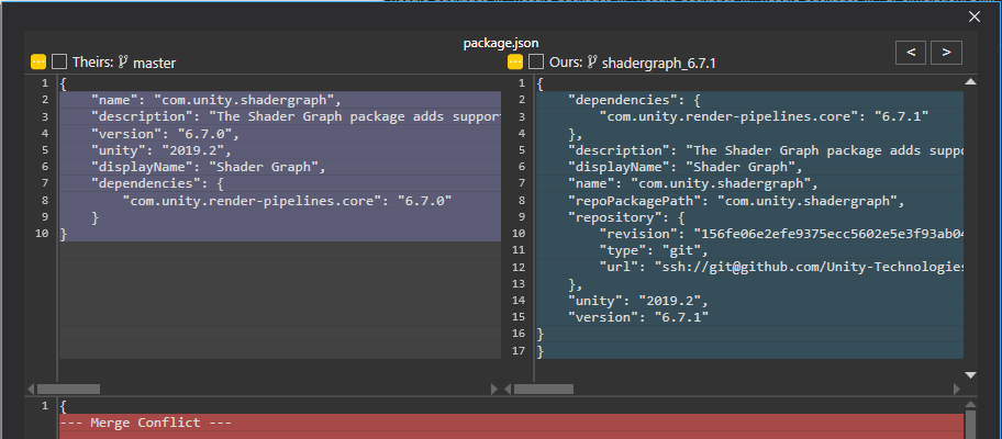 Now, the next conflict is interesting - turns out the Stochastic repo is actually based on ShaderGraph 6.7.0, not 6.7.1!Unfortunately version 6.7.0 was never on the Unity Registry, so rebasing might not go as smooth as hoped...6/