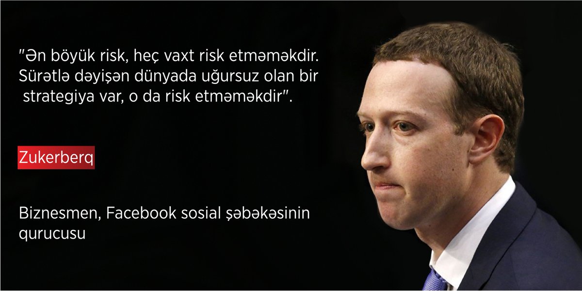 Veysəloğlu Şirkətlər Qrupu olaraq “Bizimlə Motivə Ol” rubrikası çərçivəsində bu dəfə sizə "FACEBOOK"un qurucusu Mark Zukerberqdən sitat gətiririk.

#VeysəloğluŞirkətlərQrupu #BizimləMotivəOl #MarkZuckerberg