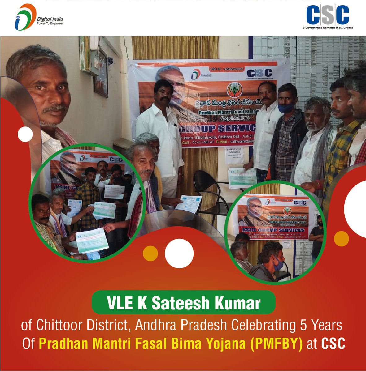 CSCegov_'s tweet photo. VLE K Sateesh Kumar of Chittoor District, Andhra Pradesh Celebrating 5 Years Of Pradhan Mantri Fasal Bima Yojana (#PMFBY) at CSC.
#FasalBima4SafalKisan #5YearsOfPMFBY #CSC #PMFBYForKisan #Farmers #wednesdaythought https://t.co/2a0umPhbep