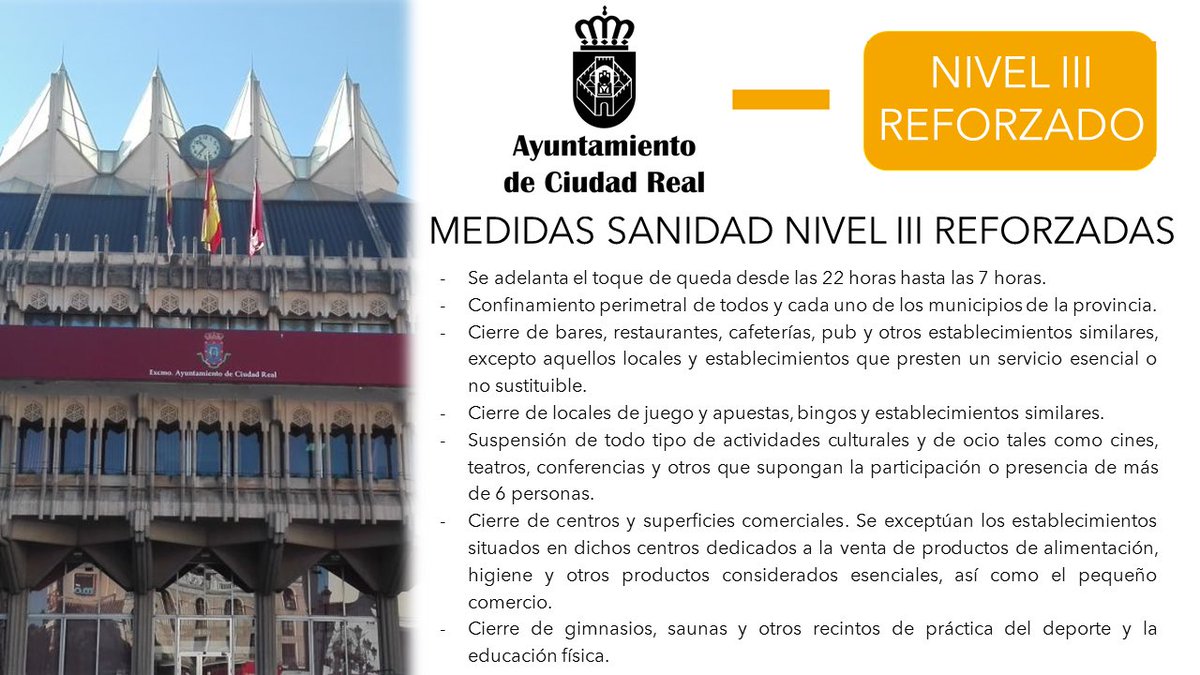 ⚠️<a href="/SanidadCR/">Sanidad Ciudad Real</a> acaba de anunciar el reforzamiento de las medidas de nivel III en todos los municipios de Ciudad Real. 
🚷Desde mañana el toque de queda se adelanta a las 22 horas y habrá confinamiento perímetral de todos los municipios.
Consulta las cuestiones que cambian ⬇️