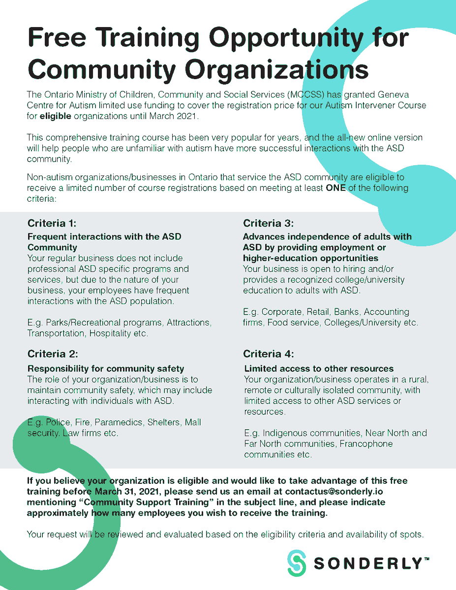 Geneva_Centre's tweet photo. Free Training Opportunity for Community Organizations! If your organization is eligible & would like to take advantage of this free training before Mar 31, 2021, send us an email contactus@sonderly.io https://t.co/HbC2mkc5xP @sonderlyio #autism #asd https://t.co/y8WebSN9eA