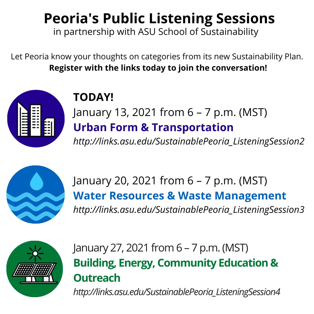 ProjectCitiesAZ's tweet photo. .@PeoriaAZ seeks public comment and questions on its strategic sustainability goals, in partnership with @ASUgreen students in #ProjectCities. Peoria residents are invited to a series of virtual listening sessions, Weds eves all this month. Learn more at https://t.co/XEp72Urlcd https://t.co/utcTzly2LO
