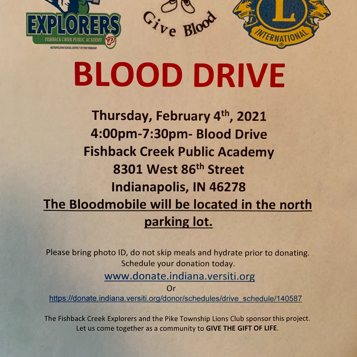 ClubPike's tweet photo. Great opportunity to give to the community on Thursday, Feb. 4th in the Fishback parking lot.  Schedule your visit today! https://t.co/ZPkEv4GRie #pikeproud @PikeSchools https://t.co/pvuIPEkuU7