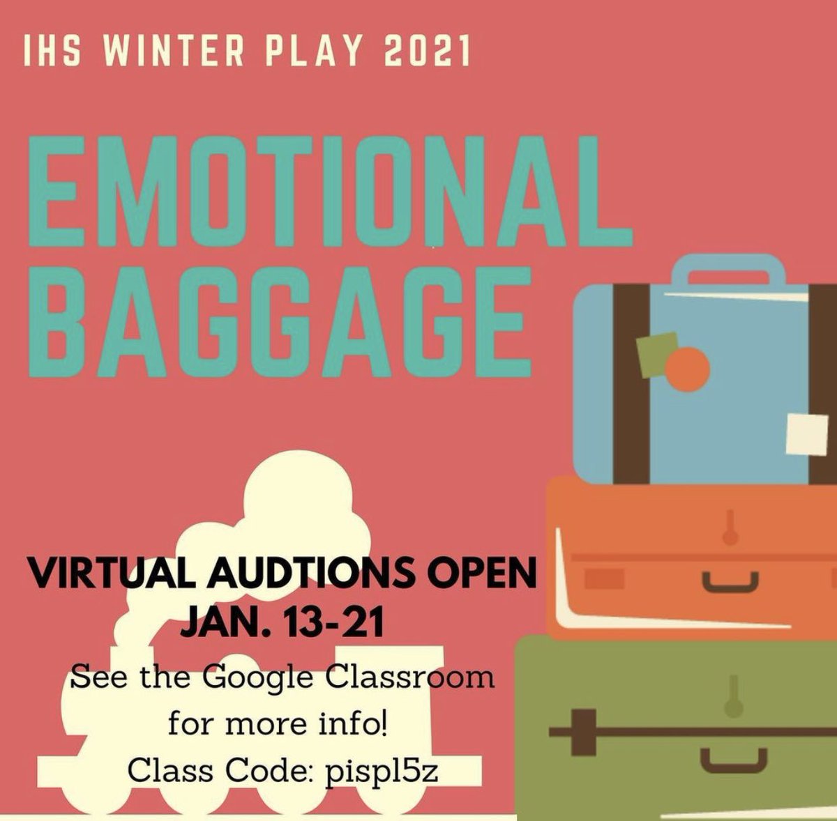IndianaSHDrama's tweet photo. Auditions for the IHS winter play are now live! For more information regarding auditions for Emotional Baggage, join the google classroom with class code: pispl5z. Audition videos are due by Jan. 21! https://t.co/YWwrWcj8gl