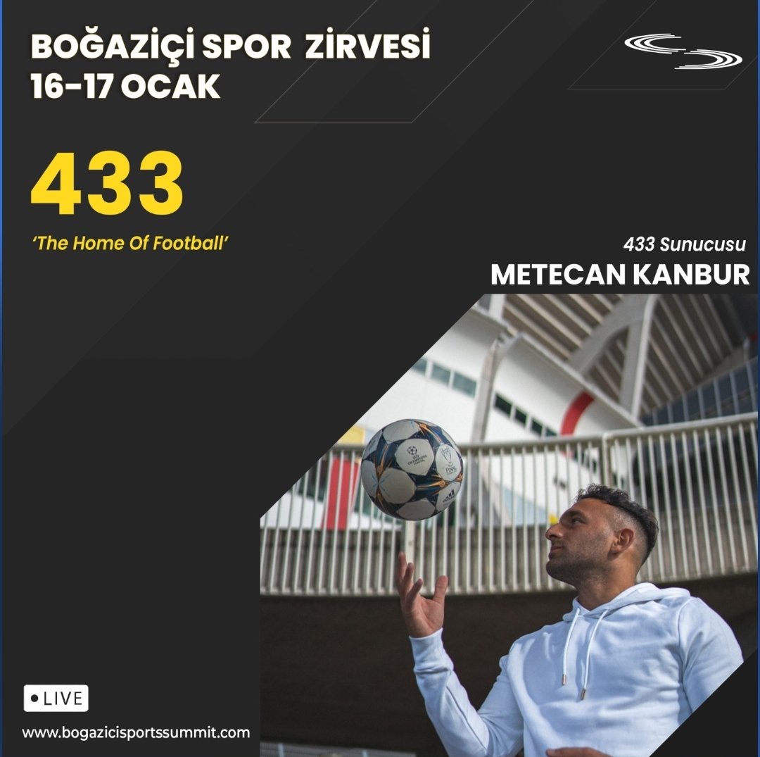 'The Home of Football' sloganıyla çıktıkları yolda birbirinden eşsiz ve sıradışı paylaşımlar yaparak yeni neslin futbola olan sevgisini artıran ve Avrupa kulüplerinin takip ettiği ünlü instagram sayfası 433'ün Türk Editörü Metecan Kanbur, Boğaziçi Spor Zirvesi'nde bizimle olacak.