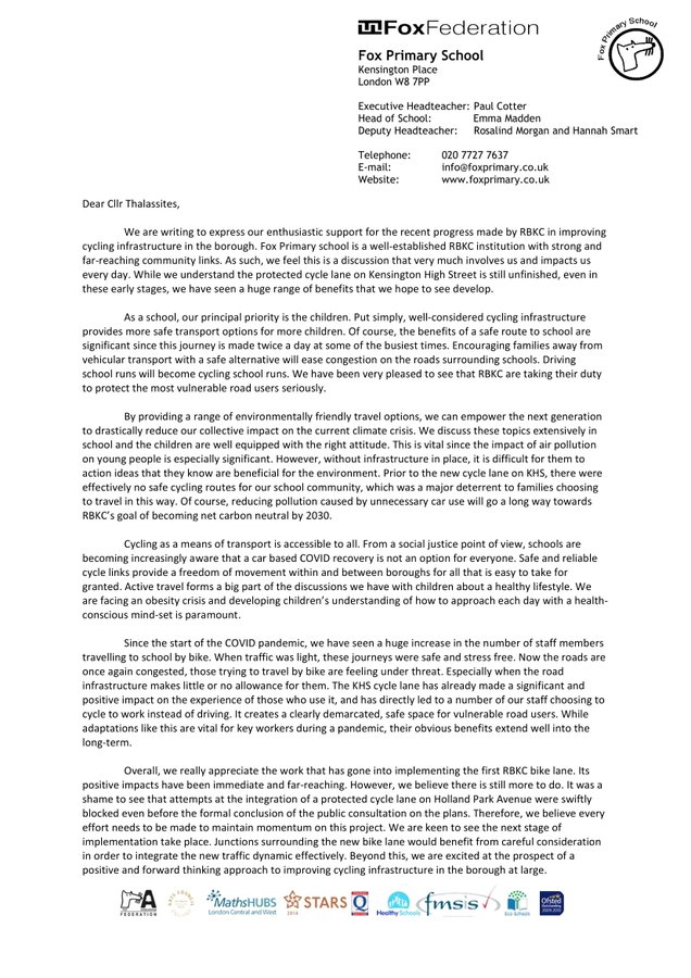 27 Nov 2020 @FoxPrimary a wonderful  @rbkc school, join support for safe cycling on Kensington High Street. We urge  @rbkc not to rush recklessly to rip out a safety scheme without listening to ever growing support