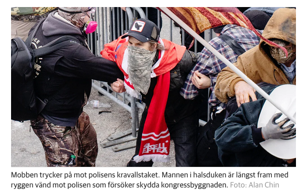 4) Now, natl Swedish media picked up story, wondering if a Swede had participated in the terrorist attack in Washington. Doing a search, the paper Dagens Nyheter found pictures of the man who was wearing the scarf. The first showed him trying to force his way into the Capitol.