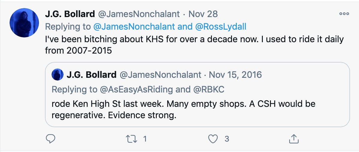 27 Nov 2020 and Nov 2016This form  @JamesNonchalant who has been riding along KSH for more than a decade, noting its decline and positing that a cycle lane could help the businesses there.