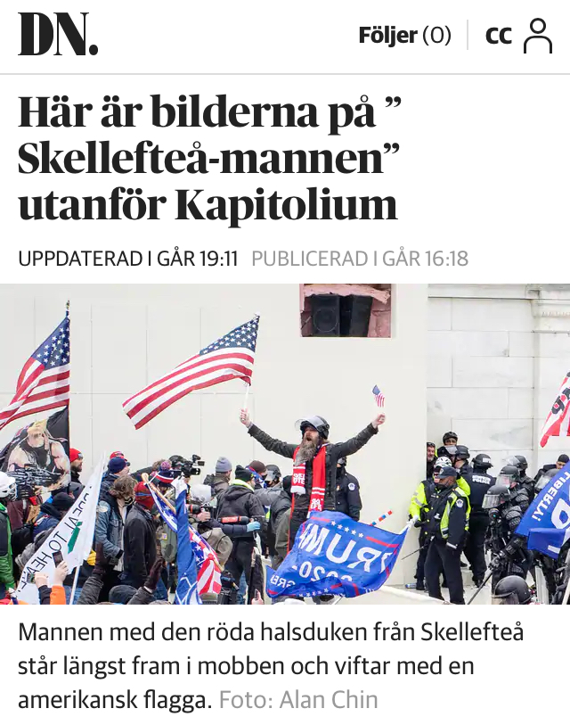 5) After breaking through the barriers, the scarf man was later seen toward the front of the mob, waiving an American flag, and no longer wearing his baseball hat...but an official police helmet and visor. Skellefteå scarf still on.