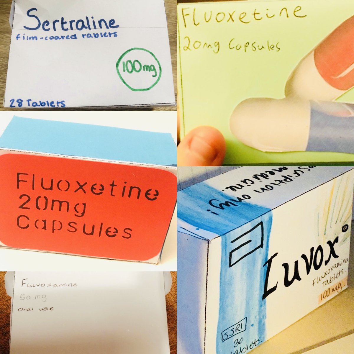 L6 SSRIs box designs as part of their psychopathology topic. Great work girls 👍🏻👏#doseage #sideeffects #learningaboutmentalhealth #alevelpsychology #cutandstick