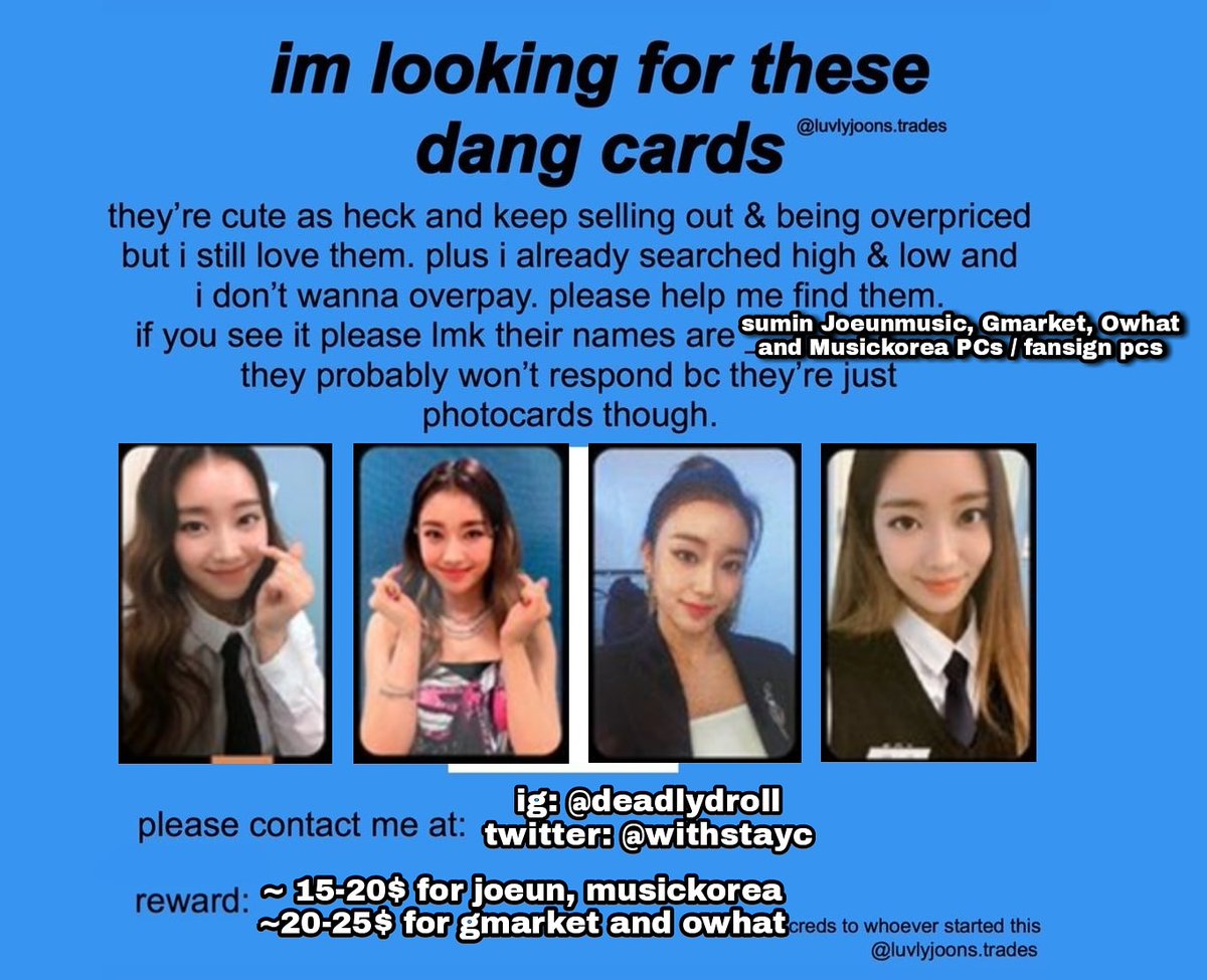 withstayc's tweet photo. I'm currently looking for these bad boys
please help me find them🙏 at this point I'm literally ready to sell my soul to get them,,
‼️the more from one person the better
#staycwts #staycwtb #staycsale #staycsell #staycsumin #wtbstayc #staycphotocards #staycwtt https://t.co/yo464b7XYJ