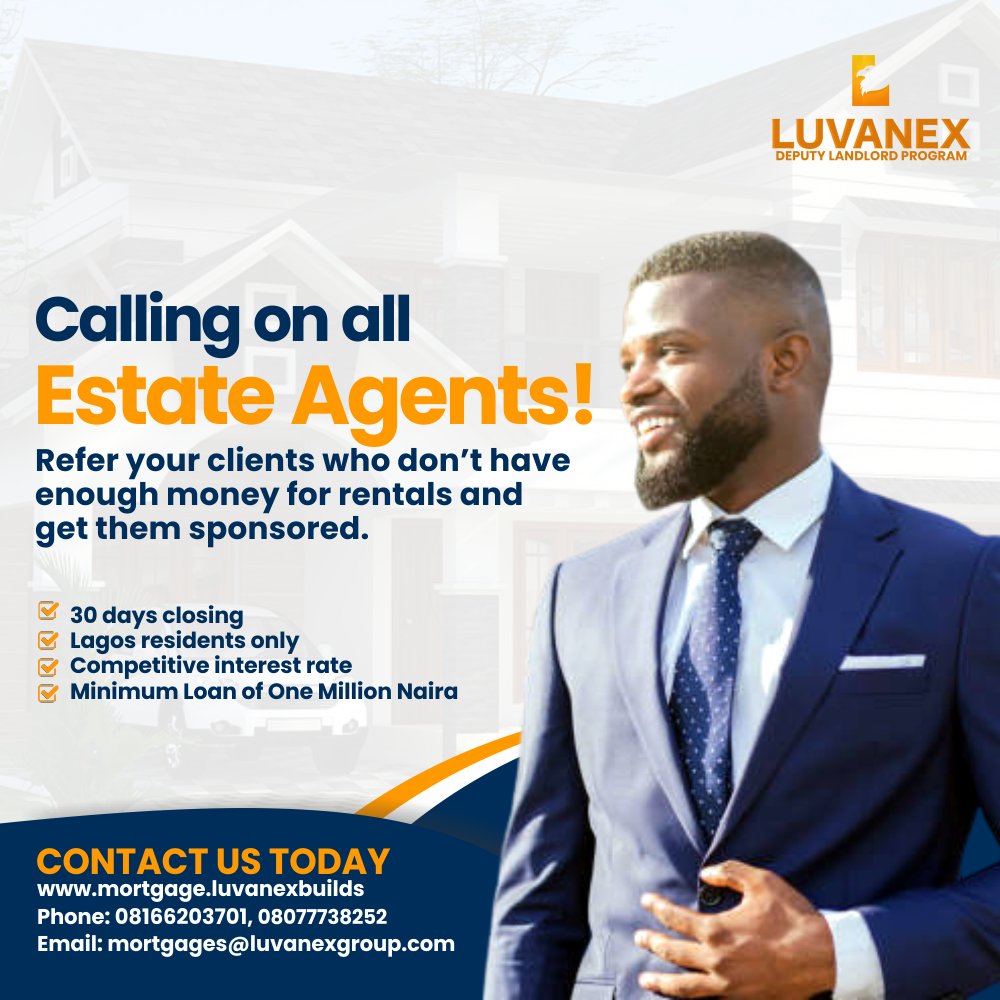 LuvanexBuilds's tweet photo. Are you an Estate Agent? Do you have clients looking to rent an apartment in Lagos but don't have enough money?
We can help!
Get your clients sponsored by referring them to us and get your agency commission.
Call +2348166203701 / visit https://t.co/mw249gPEDV
#LuvanexBuilds https://t.co/YLeb3erZkS