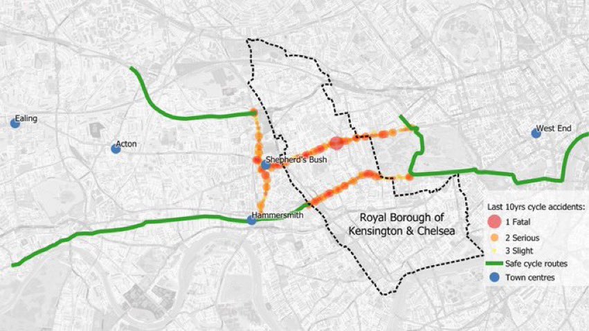 29 Nov On 29 Nov  @IsItABikeLane tweeted this image showing the concentration of KSIs along the route of the soon to be removed KSH cycle lane“One of UK’s smallest councils shouldn’t have the power to block safe cycling for whole of west London.” @tfl  @willnorman  @SadiqKhan