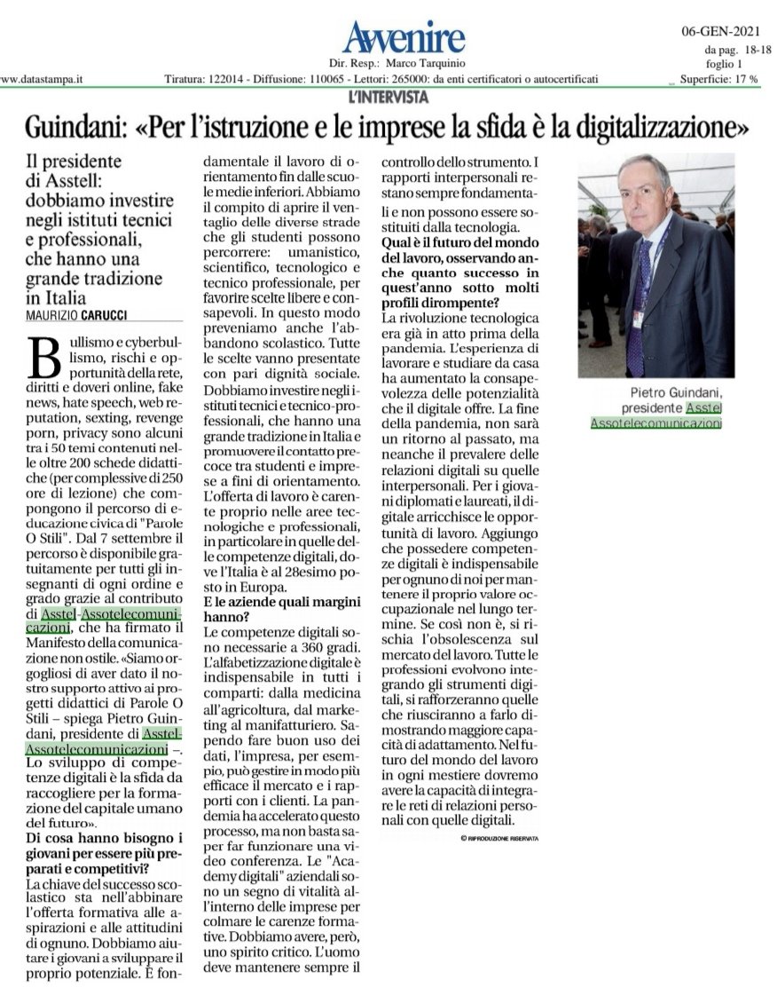 franciungaro's tweet photo. #PietroGuindani Presidente @asstel_it nell'intervista del #6gennaio2021: "Siamo orgogliosi di aver dato il nostro supporto attivo ai progetti didattici di @ParoleOstili, il progetto sociale di sensibilizzazione contro #violenza, #cyberbullismo e #fakenews online"

@LDRaimondo https://t.co/BcnuZAAowR