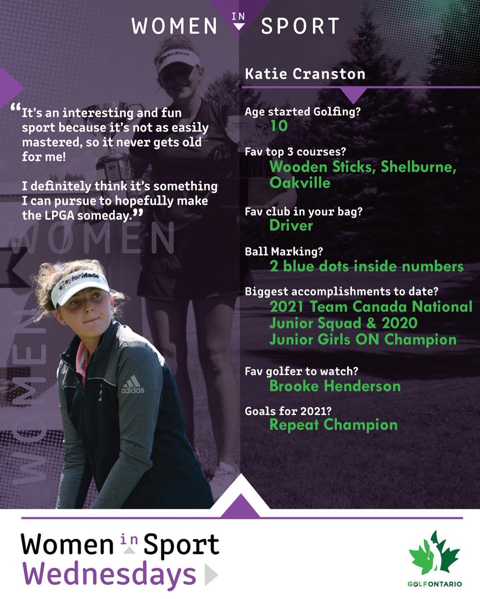 Introducing our newest feature, Women in Sport Wednesday’s!🏌️‍♀️

First up on the tee, we welcome the 2020 ON Jr. (U19) &amp; Juvenile (U17) Girl’s Champion, Katie Cranston. Cranston is on the 2021 Team Canada National Jr. Squad &amp; is a former member of Team ON⛳️

gao.ca/2021/01/13/wom…