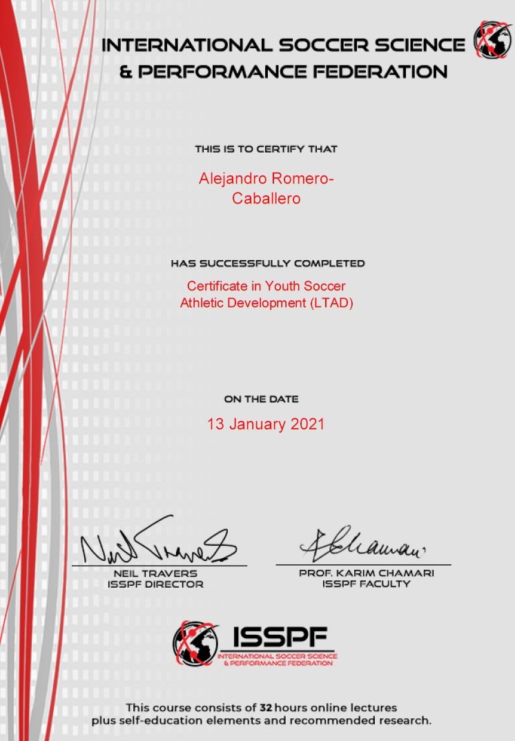 alexromerocab's tweet photo. Certificate in Youth Soccer Athletic Development
Congratulations to all the @ISSPFed team👨🏫⚽️
Good content, great professionals and interesting recommended papers!
#NeverStopLearning #Soccer #ScienceDrivingPractice https://t.co/O19m1RUfGy