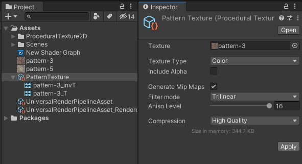 It's time to add some test data.Let's create a ProceduralTexture2D asset, add a nice pattern, press Apply:13/