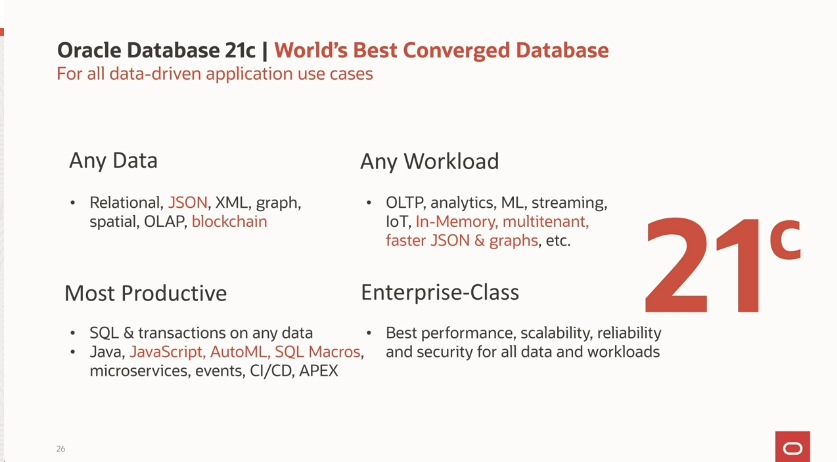 holgermu's tweet image. And the summary slide...  of @Oracle 21c launch

- Any data
- Any workload
- Most productive
- Enterprise class

 #OracleEvents