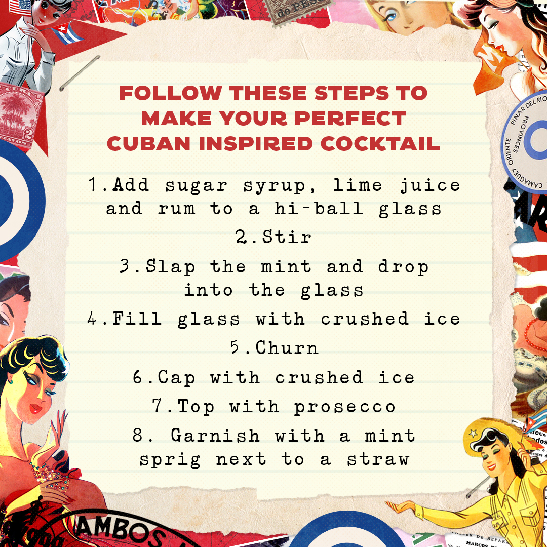 Learn how to make:
Mojito Royale 🍹

Use our handy guide to create this regal take on the Cuban classic. We've taken two @HavanaClub_UK rums and blended them with mint, sugar and a not so secret ingredient; prosecco. 

Tag a mojito lover below 👇