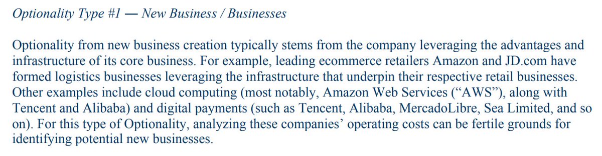 Optionality #1: New Business / Businesses- Amazon/JD forming logistics businesses- Tencent/Sea, Ltd forming payments businessesIn essence, using core biz to develop new (asymmetric) opportunities. Where to find these options: in the business' operating cost structure